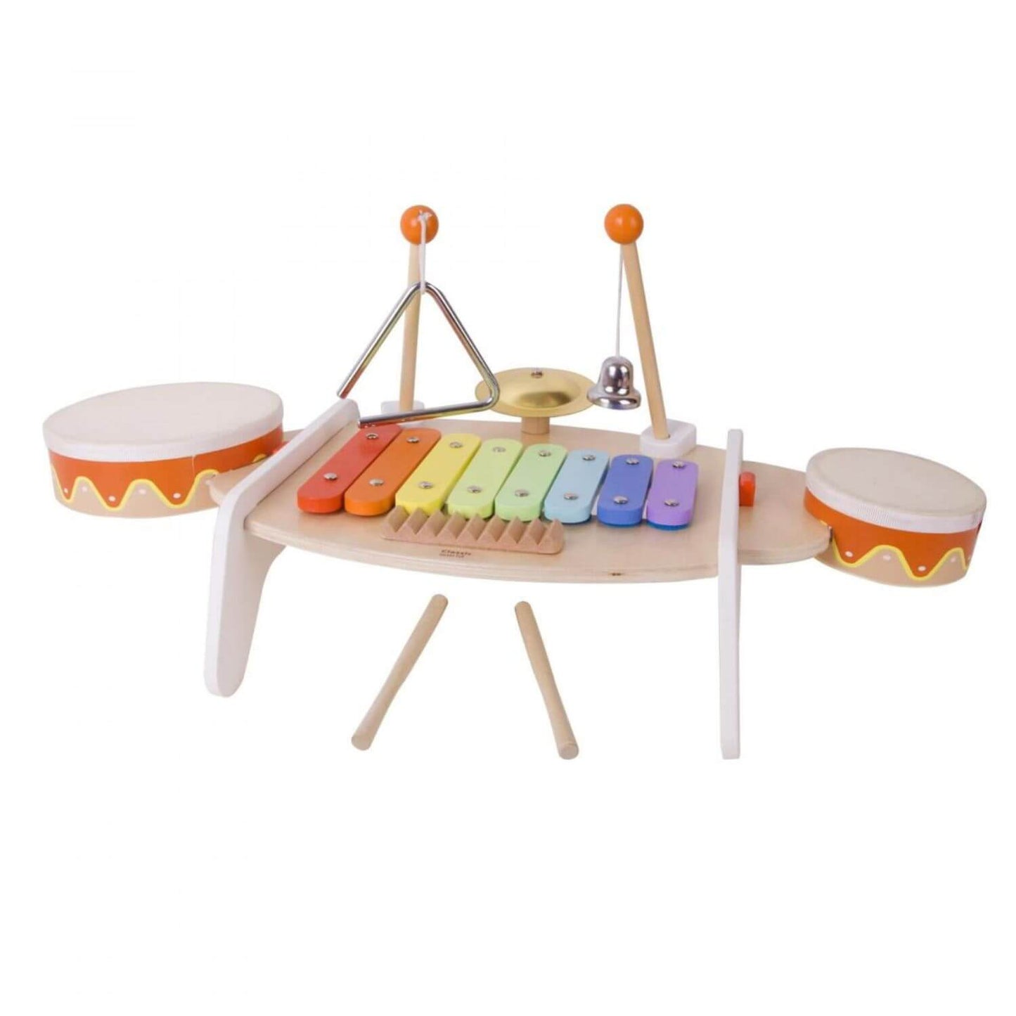 Colourful Classic World Music Table,  featuring a xylophone, triangle, bell, cymbal, and drums, designed for toddlers to explore music and sound.