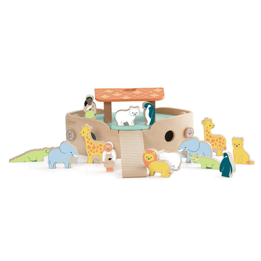 Wooden Classic World Noah’s Ark toy featuring a buildable ark, colourful animal pairs, and figures, perfect for creative and educational play.