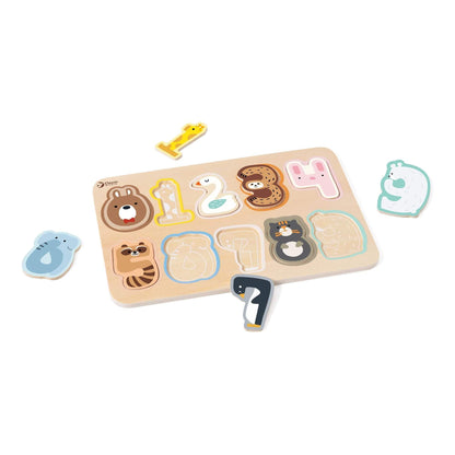 Classic World Number Puzzle with animal-themed wooden pieces for numbers 1–10, designed to teach counting and number recognition.