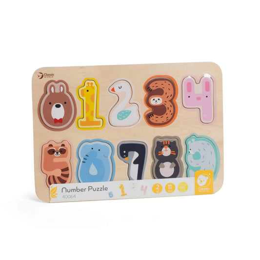 Classic World Number Puzzle featuring colourful animal-shaped numbers 1–10, designed for toddlers to learn counting and number recognition.