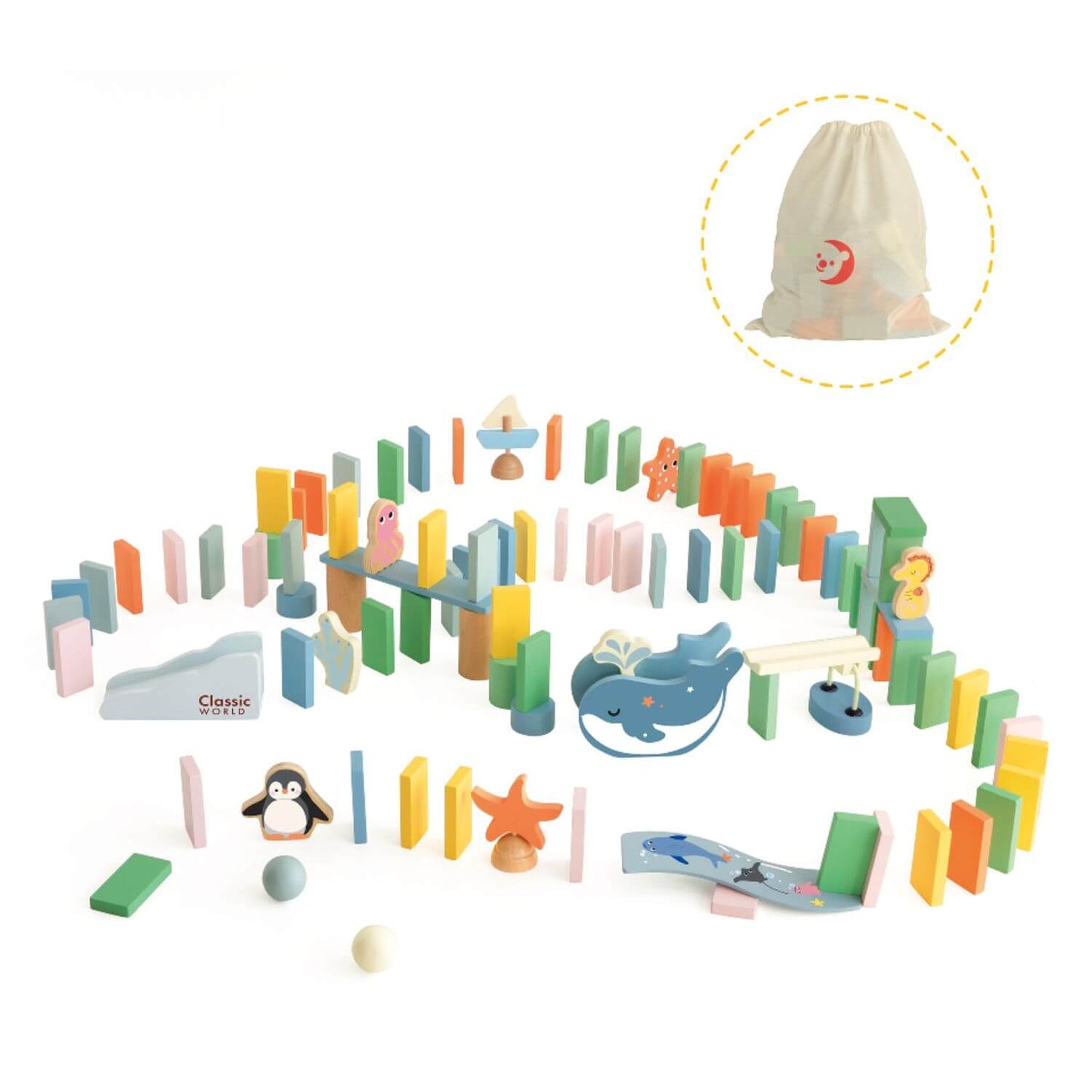 Classic World Ocean Dominoes set with colourful sea-themed pieces, a chain reaction design, and a handy storage bag for easy organisation.