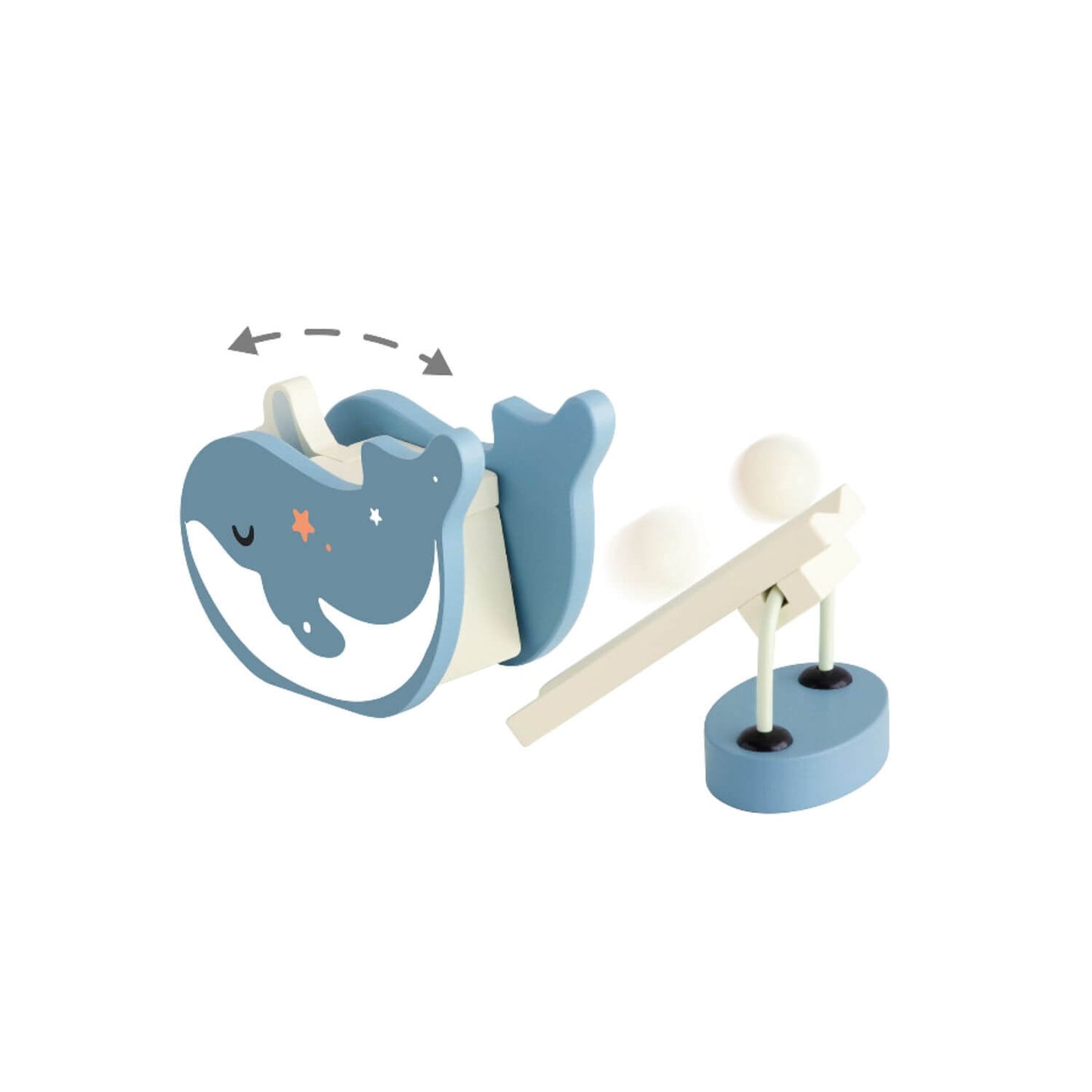 A close-up of the Classic World Ocean Dominoes set featuring a wooden whale and a balancing lever.