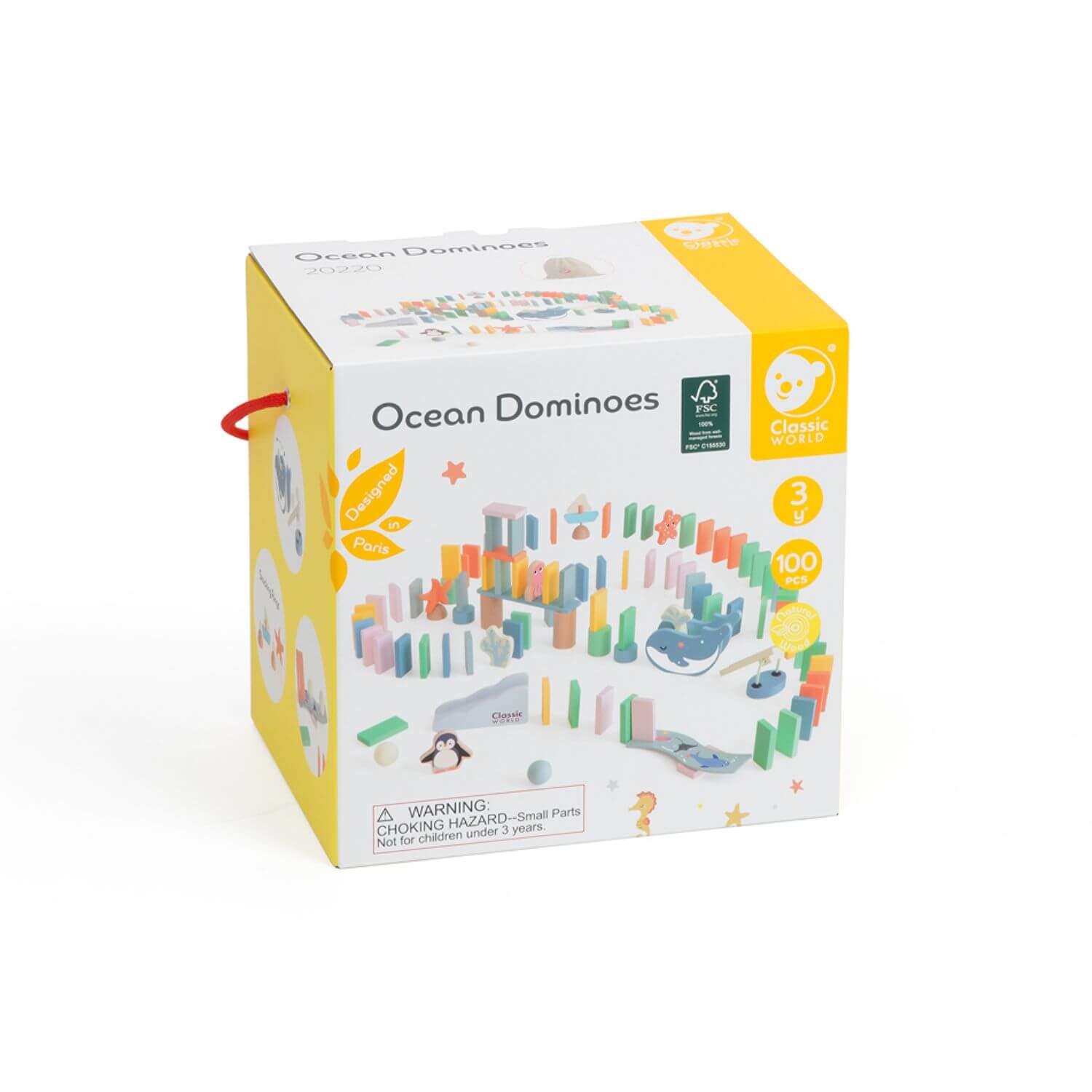 The packaging of the Classic World Ocean Dominoes featuring 100 colourful sea-themed pieces, designed for fun, learning, and creative play.