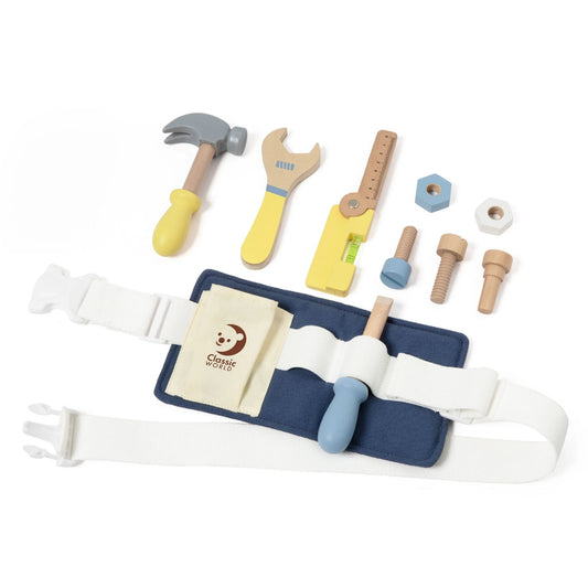 Classic World Tool Belt in pastel colours, featuring a canvas adjustable belt, wooden tools, screws, bolts, and accessories for creative play.