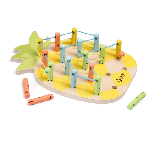 Classic World Pineapple Linking Game featuring a colourful wooden base, vibrant pegs, and threads for creative and imaginative play.