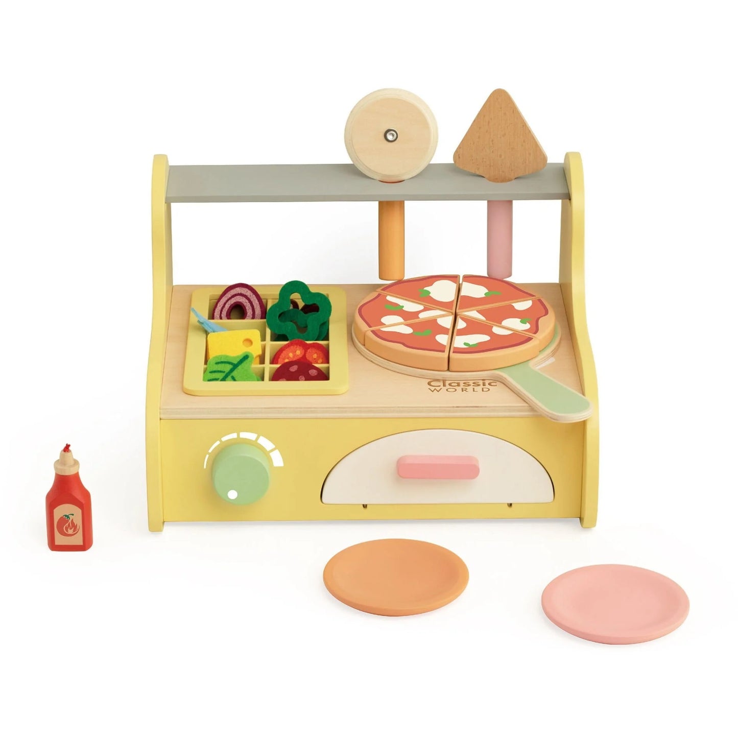 Classic World Pizza Oven with wooden toppings, a pizza paddle, and realistic features for imaginative and educational kitchen play.