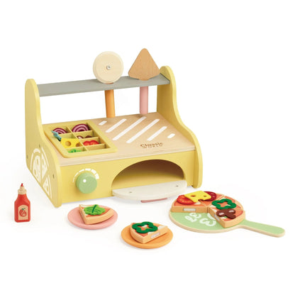 Classic World Pizza Oven featuring wooden pizza slices, toppings, a paddle, and an oven setup for imaginative and creative play.