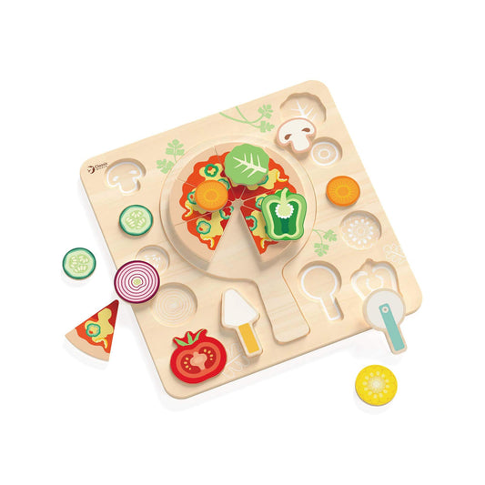 Classic World Pizza Puzzle with wooden pizza slices and colourful toppings, designed for imaginative play and shape-matching fun.