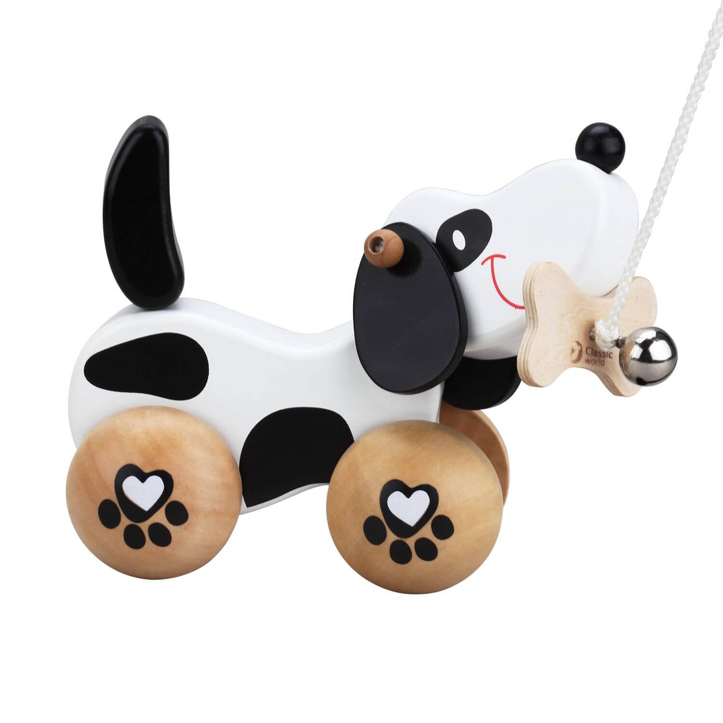 Classic World Pull Dog featuring a black and white design, wooden wheels with paw prints, and a bell.