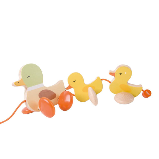 A wooden pull-along toy featuring a green mum duck with orange wheels and two yellow ducklings, perfect for toddler play and learning