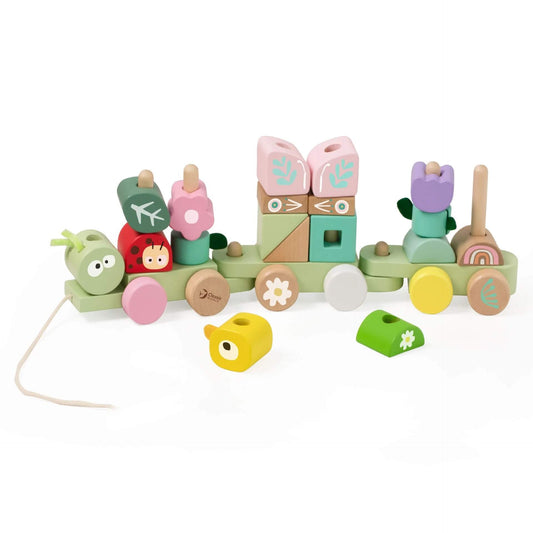 Wooden Classic World Pull Jungle toy with a caterpillar train, pastel blocks, and nature-themed pieces for imaginative and creative play.