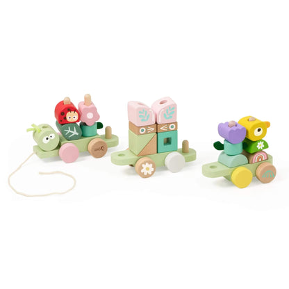 Classic World Pull Jungle toy with a caterpillar train and pastel-coloured blocks featuring animals, plants, and nature-themed designs for creative play.