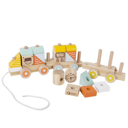 A wooden pull-along train by Classic World with stackable blocks and colourful shapes, designed to encourage walking and creativity in toddlers.