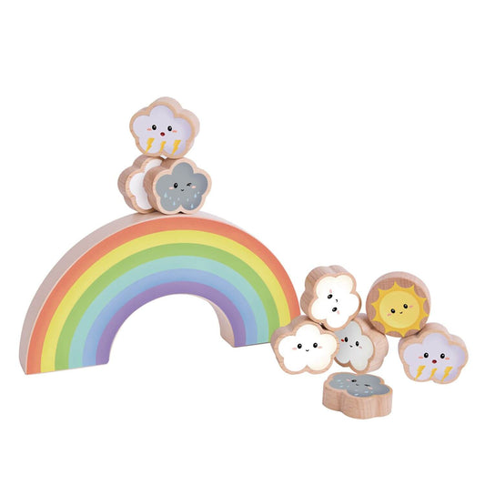 A wooden rainbow balancing game by Classic World featuring a pastel rainbow and cute weather-themed pieces, perfect for creative play.