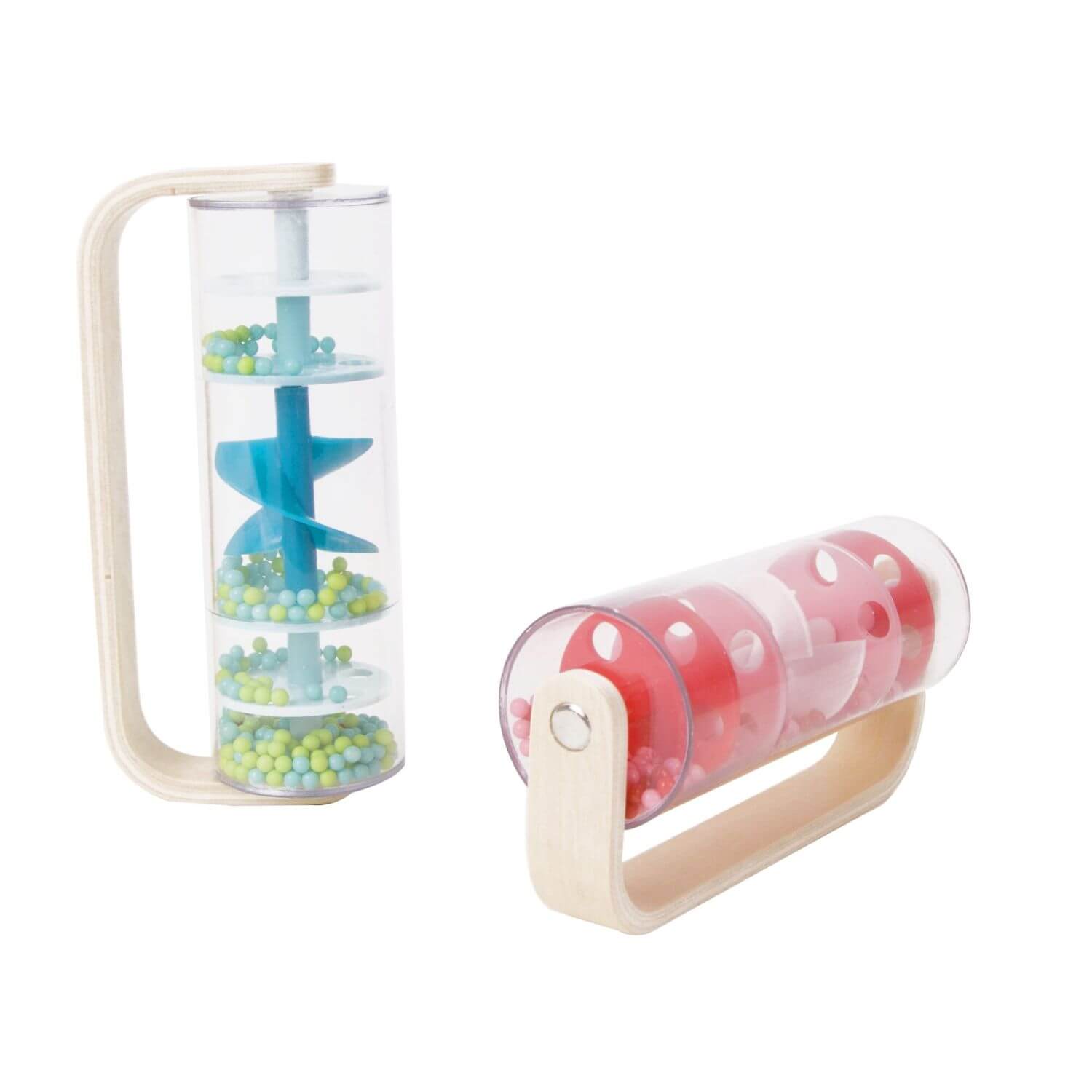 A wooden-handled Classic World Rainmaker featuring colourful beads and designs that create soothing raindrop sounds, perfect for sensory play.