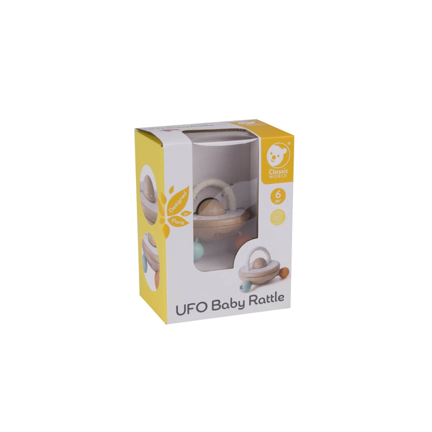 The Classic World UFO Baby Rattle in its yellow and white packaging, showcasing its wooden and teething features, designed for 6 months+.