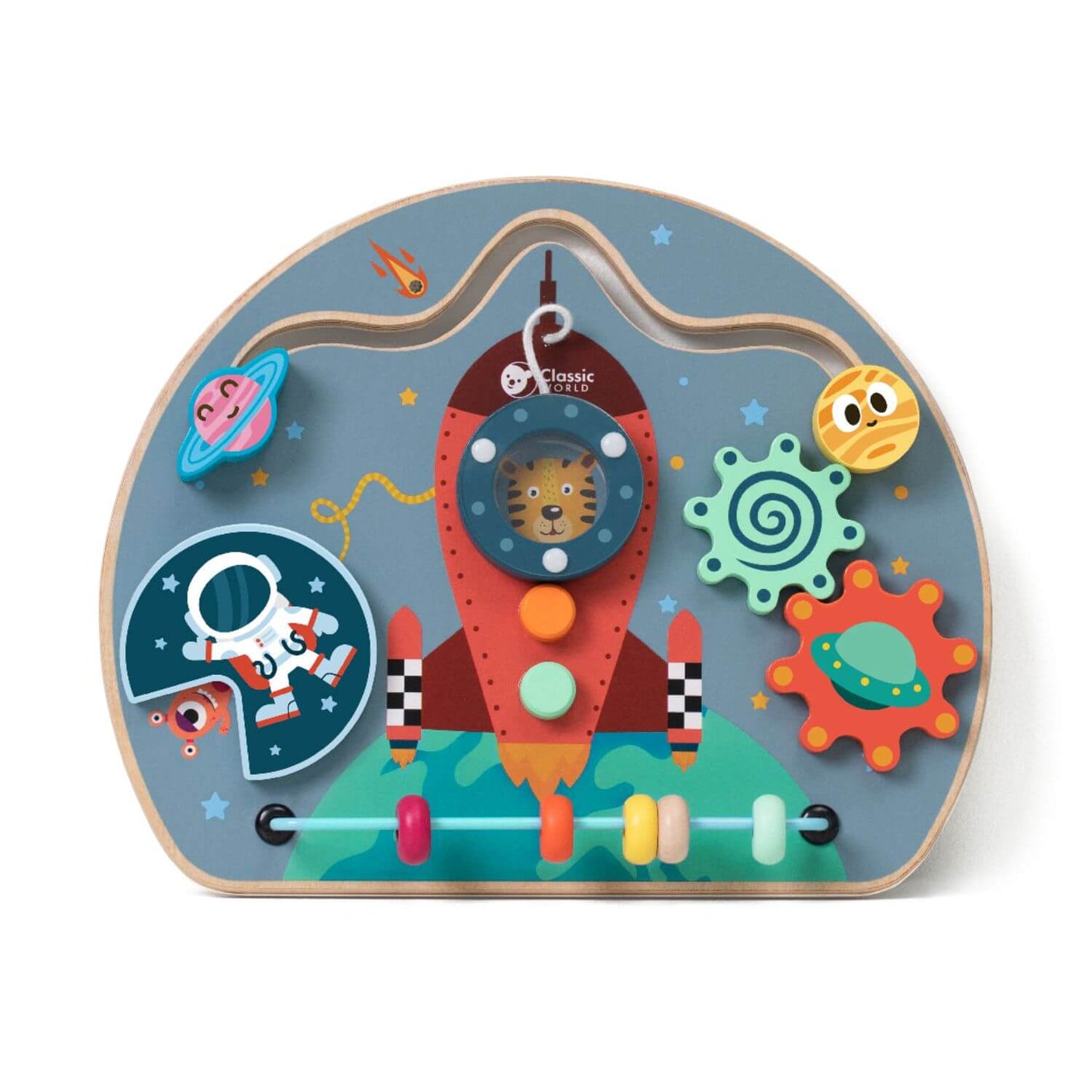 Classic World Rocket Busy Board with colourful activities like gears, beads, and a maze, designed for fun and to develop toddler motor skills.