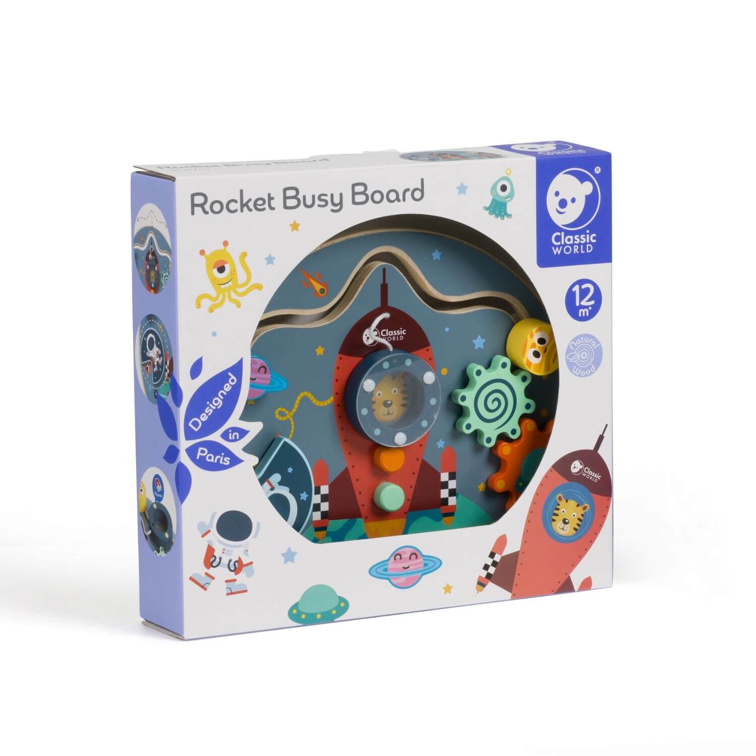 Classic World Rocket Busy Board in packaging, showcasing its rocket design and interactive activities for toddlers aged 12 months+.