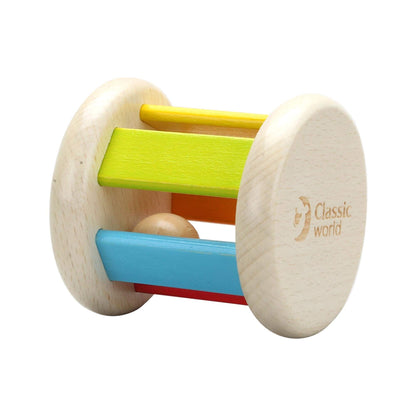 Wooden Classic World roller rattle with colourful bars and a rolling ball inside, ideal for babies' sensory and motor skill development.