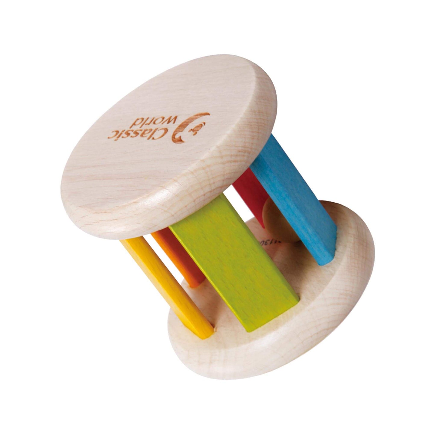 Classic World roller rattle made from natural wood with colourful bars and a ball, promoting baby sensory play and hand-eye coordination.