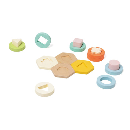 Classic World Shape Matching Game with colourful wooden shapes and hexagonal bases, designed for toddlers to match and stack for fun learning.