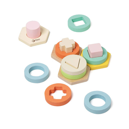 Classic World Shape Matching Game with colourful wooden pieces, hexagonal bases, and various shapes for toddlers' educational play.