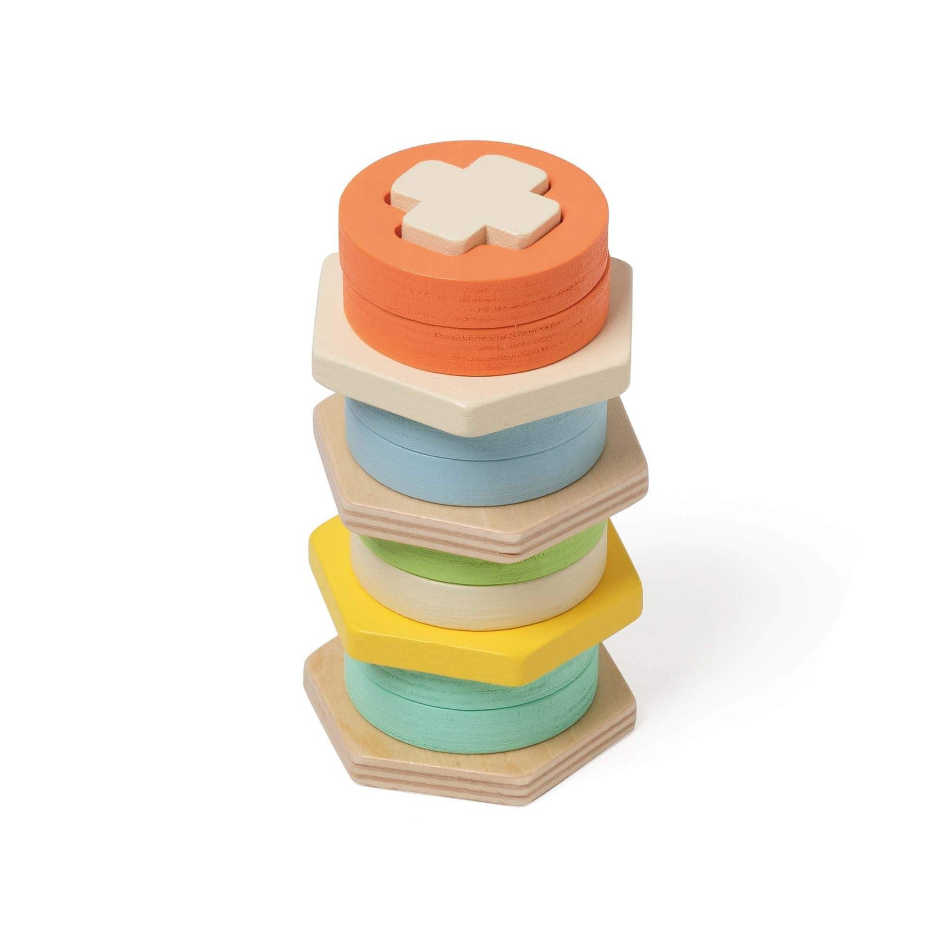 Stacked Classic World Shape Matching Game featuring colourful wooden shapes and hexagonal bases, promoting fun learning and coordination.