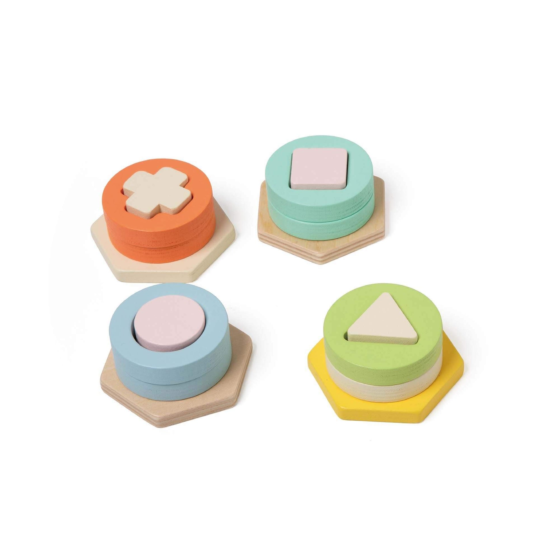 Classic World Shape Matching Game showcasing colourful wooden shapes stacked on hexagonal bases, ideal for toddlers' learning and play.