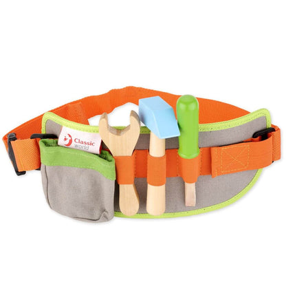 A Classic World Tool Belt featuring an orange adjustable strap, wooden hammer, wrench, screwdriver, and a small pocket for creative play.