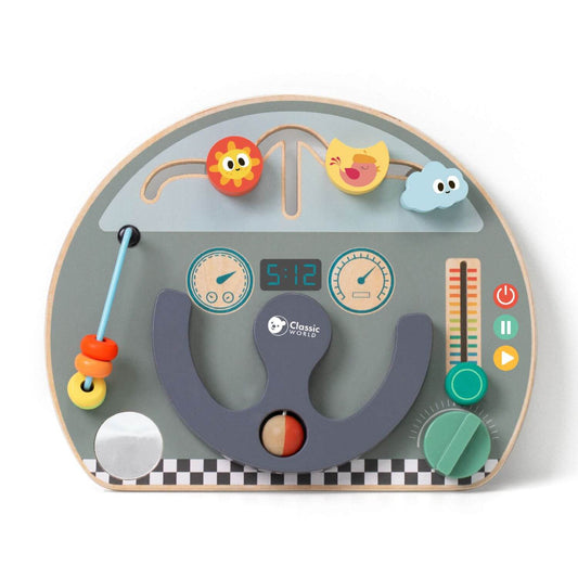 Classic World Travel Busy Board with a steering wheel, bead slider, and colourful dials.