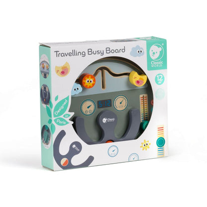 Classic World Travel Busy Board in packaging, featuring interactive elements like a steering wheel, bead slider, and colourful dials.