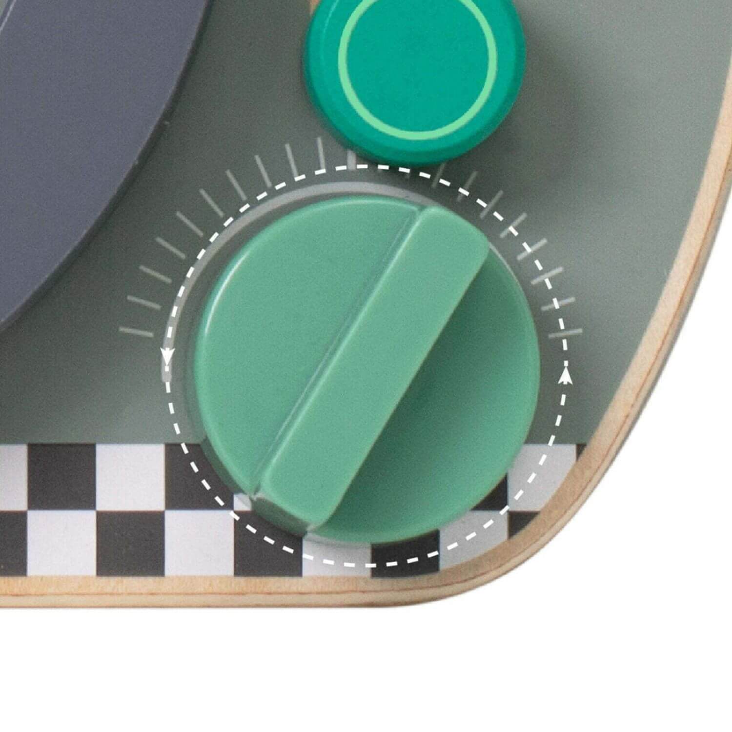 Close-up of the Classic World Travel Busy Board featuring a turning knob with a smooth, child-friendly design for interactive play.