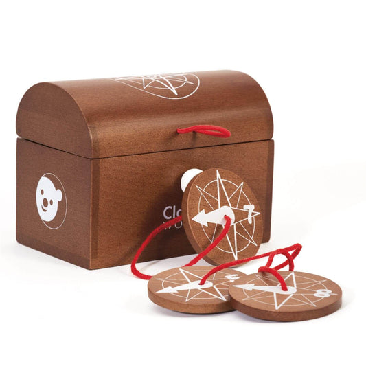 Wooden treasure chest from the Classic World Treasure Hunt Game with compass medallions, perfect for imaginative play and group fun.