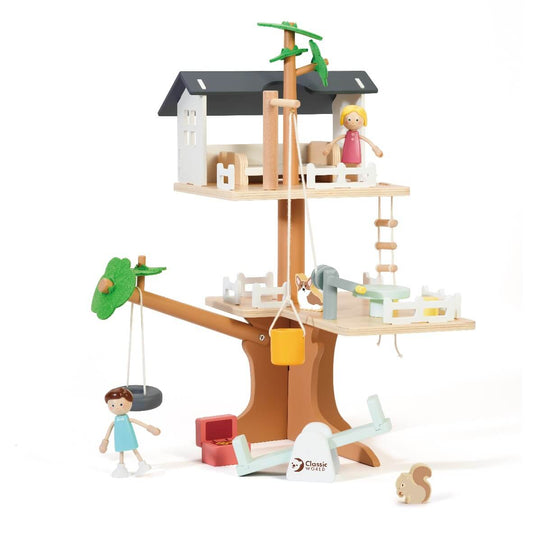 Wooden Classic World Tree House, including figurines, animals, swing, seesaw, pulley bucket, and furniture.