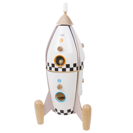 Classic World Wooden Rocket Ship featuring 12 themed rooms and 51 pieces, encouraging imaginative play and construction skills.