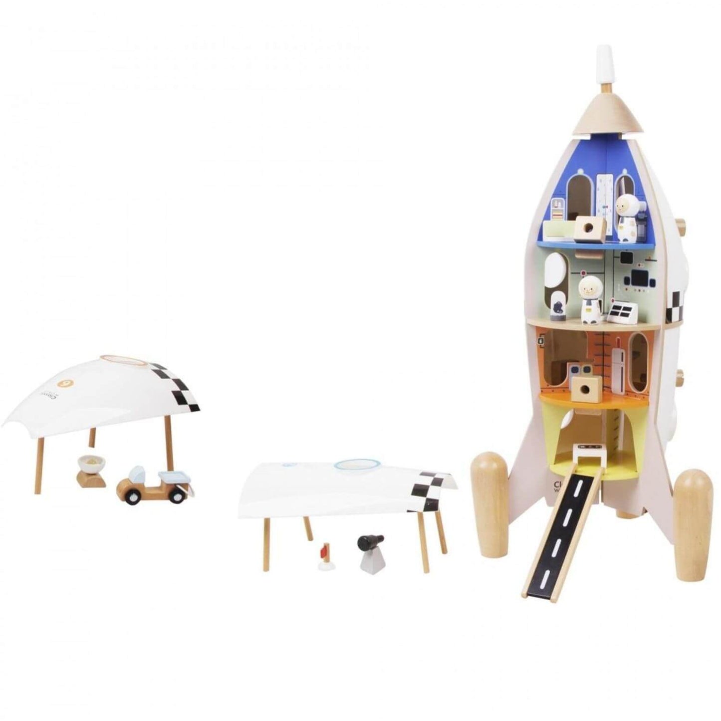 Classic World wooden rocket ship toy with 12 themed rooms, removable panels, and detailed accessories for imaginative play.