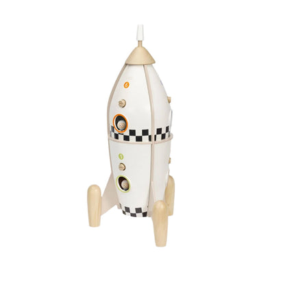 Classic World wooden rocket ship toy featuring a sleek design, themed room windows, and sturdy wooden legs for imaginative play.