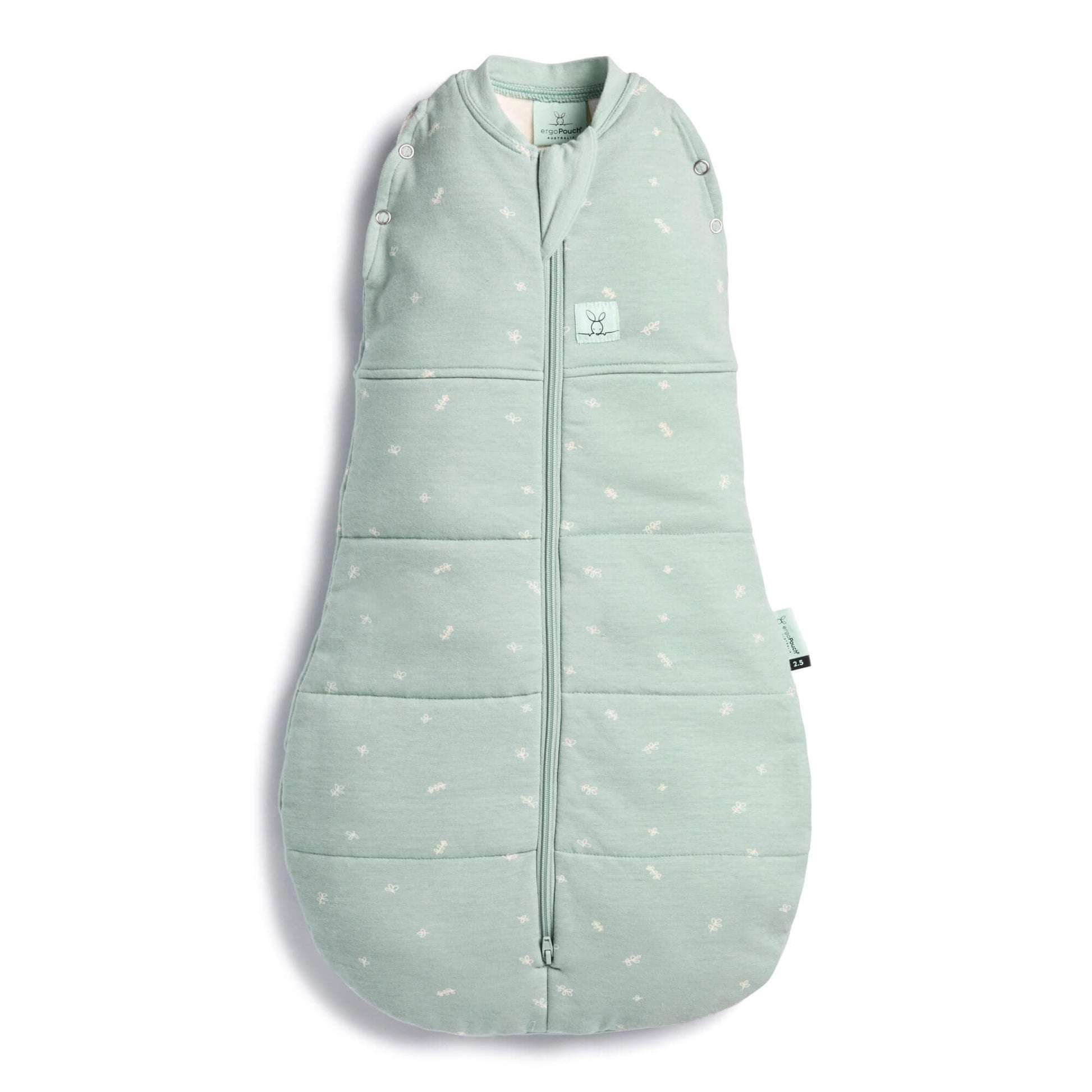 ErgoPouch Winter 2.5 tog cocoon swaddle bag in sage, organic and breathable sleepwear for babies, ideal for keeping warm in cold weather.