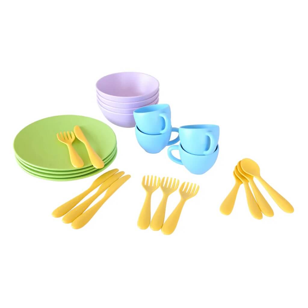 Super eco-friendly Children's Dinner Set by Green Toys. Kids can serve play food on their own sustainable dinner set. Includes 24 pieces: 4 cups, 4 plates, 4 bowls, and 4 utensil sets (fork/knife/spoon).