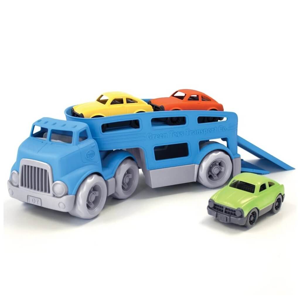 The Green Toys Car Carrier, with no metal axles or small parts, is safe for tots. It encourages motor skills and imaginative play. The 5-piece set includes a cab with a detachable trailer and 3 brightly coloured Mini Cars.