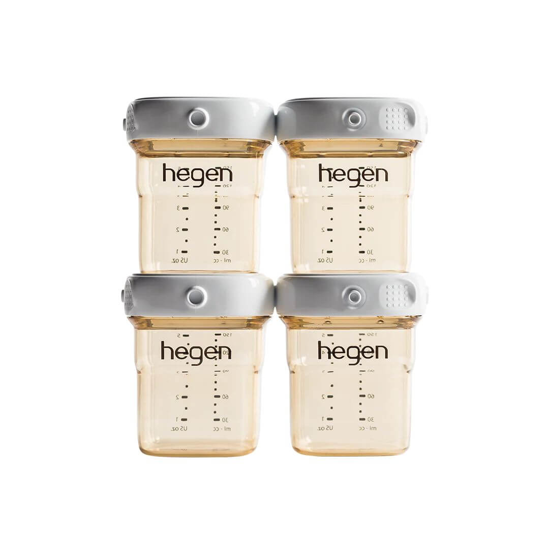 Express, Store and feed within a single container with interchangeable adapters, feeding and storage lids. Pack of 4 Hegen 150ml Milk Storage Bottles.