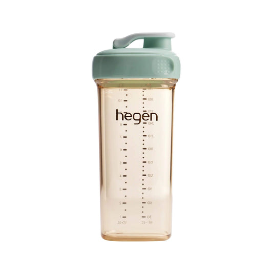 The Hegen 330ml drinking bottle has an easy-to-hold "softsquare" design and a one-hand closure system—Press-to-Close, Twist-to-Open.  It's perfect for toddlers transitioning from bottles.