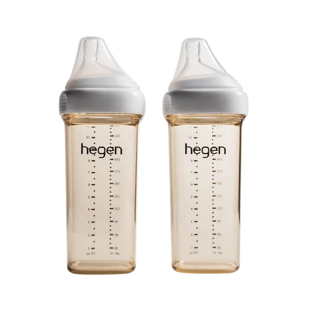 Hegen’s "softsquare" baby bottles are ergonomically designed for easy holding. They nestle when empty and stack neatly when filled, optimizing storage space in the freezer or a mother’s bag.