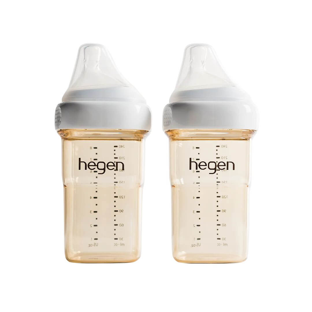 2 x Hegen PCTO™ 240ml/8oz Feeding Bottles with Medium Flow Teat. Hegen's "softsquare" design makes these bottles easy for babies to hold. They are stackable for optimal storage, whether empty or filled.