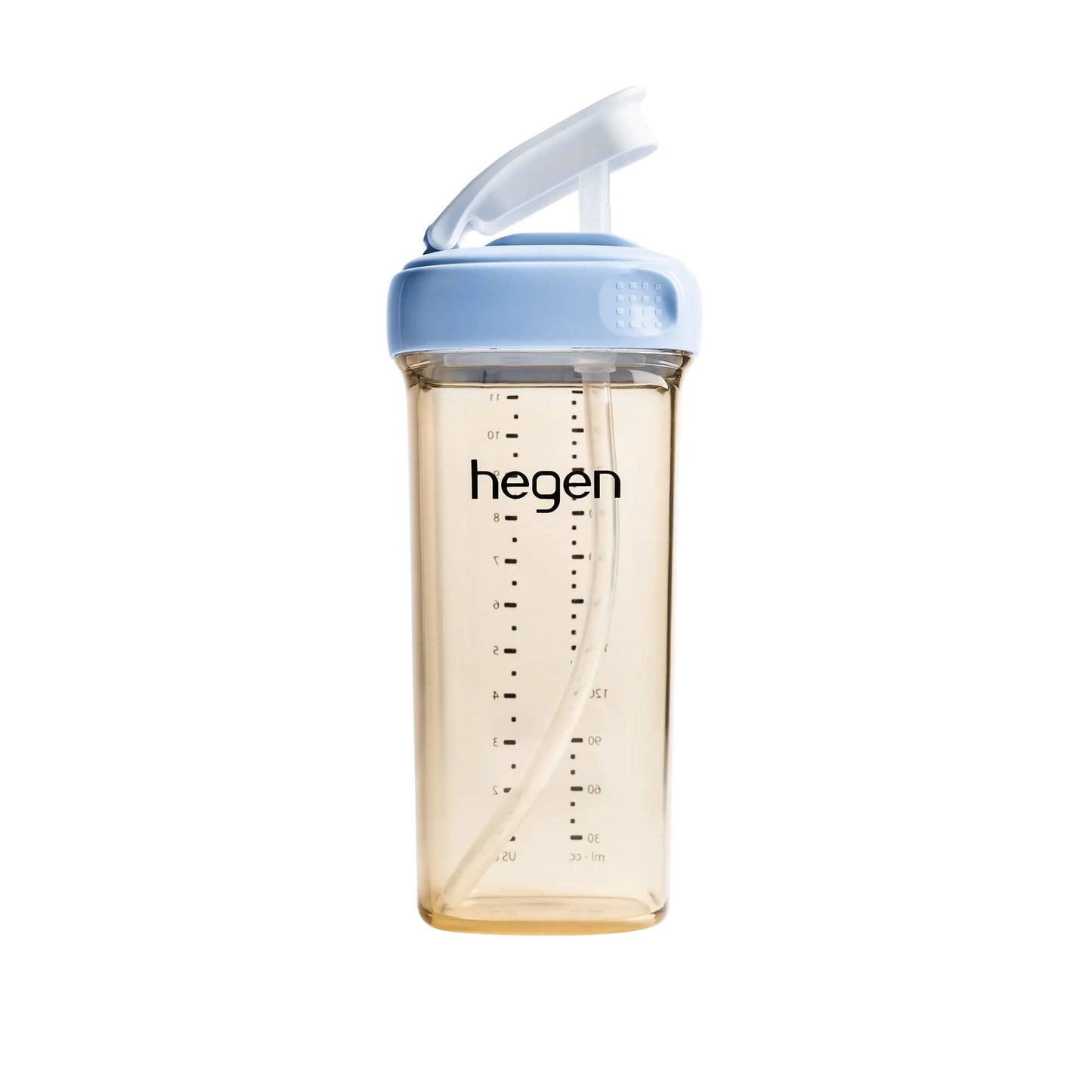 Hegen's Straw Cup has a one-hand closure: Press-to-Close, Twist-to-Open. Its click-to-lock safety cap prevents spills, and the easy-to-clean straw encourages natural sucking for toddlers.