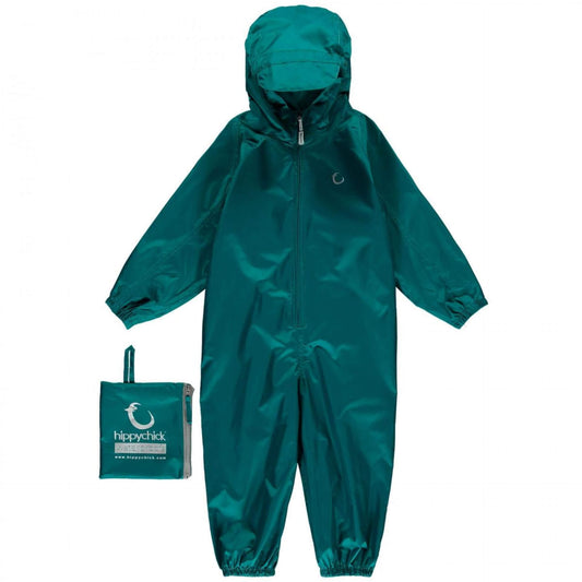 A bottle green Hippychick Packasuit with a front zipper, hood, and elastic cuffs. Includes a compact storage bag. Waterproof and windproof.