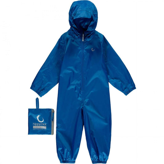 A Nebulas Blue Hippychick Packasuit with a front zipper, hood, and elastic cuffs. Includes a compact storage bag. Waterproof and windproof.