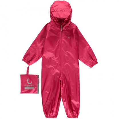 A Pink Hippychick Packasuit with a front zipper, hood, and elastic cuffs. Includes a compact storage bag. Waterproof and windproof.