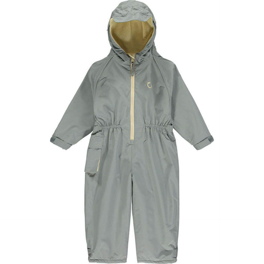 Hippychick toddler all-in-one waterproof fleece-lined suit in cool grey, featuring a hood, elasticated waist, and adjustable cuffs for warmth and protection.