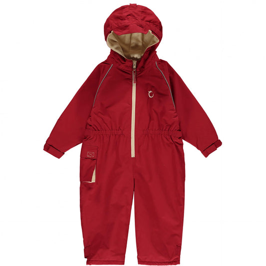 Hippychick toddler all-in-one waterproof fleece-lined suit in fiesta red, featuring a hood, elasticated waist, and adjustable cuffs for warmth and protection.